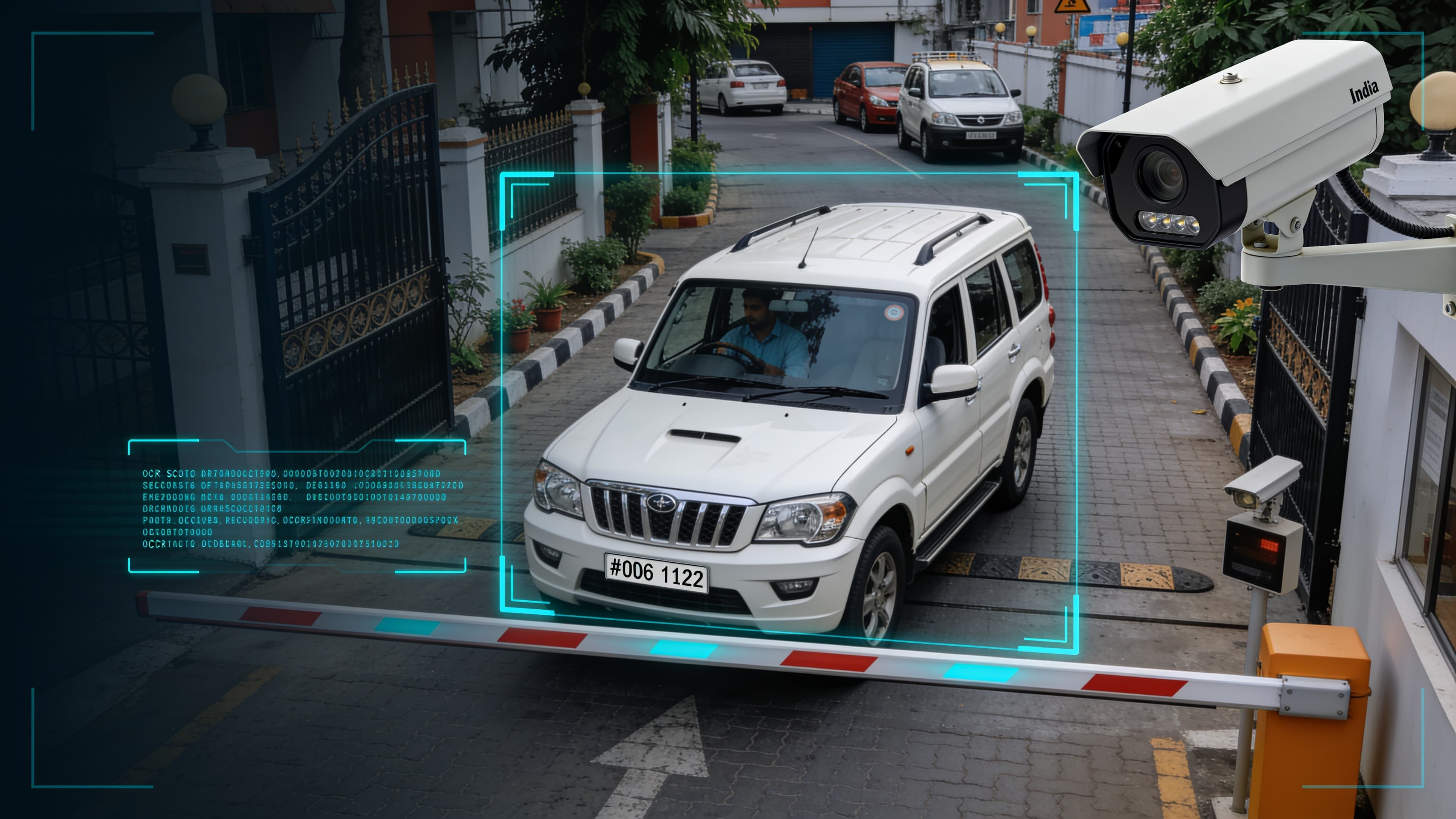 CCTV camera at an Indian parking gate capturing a vehicle number plate