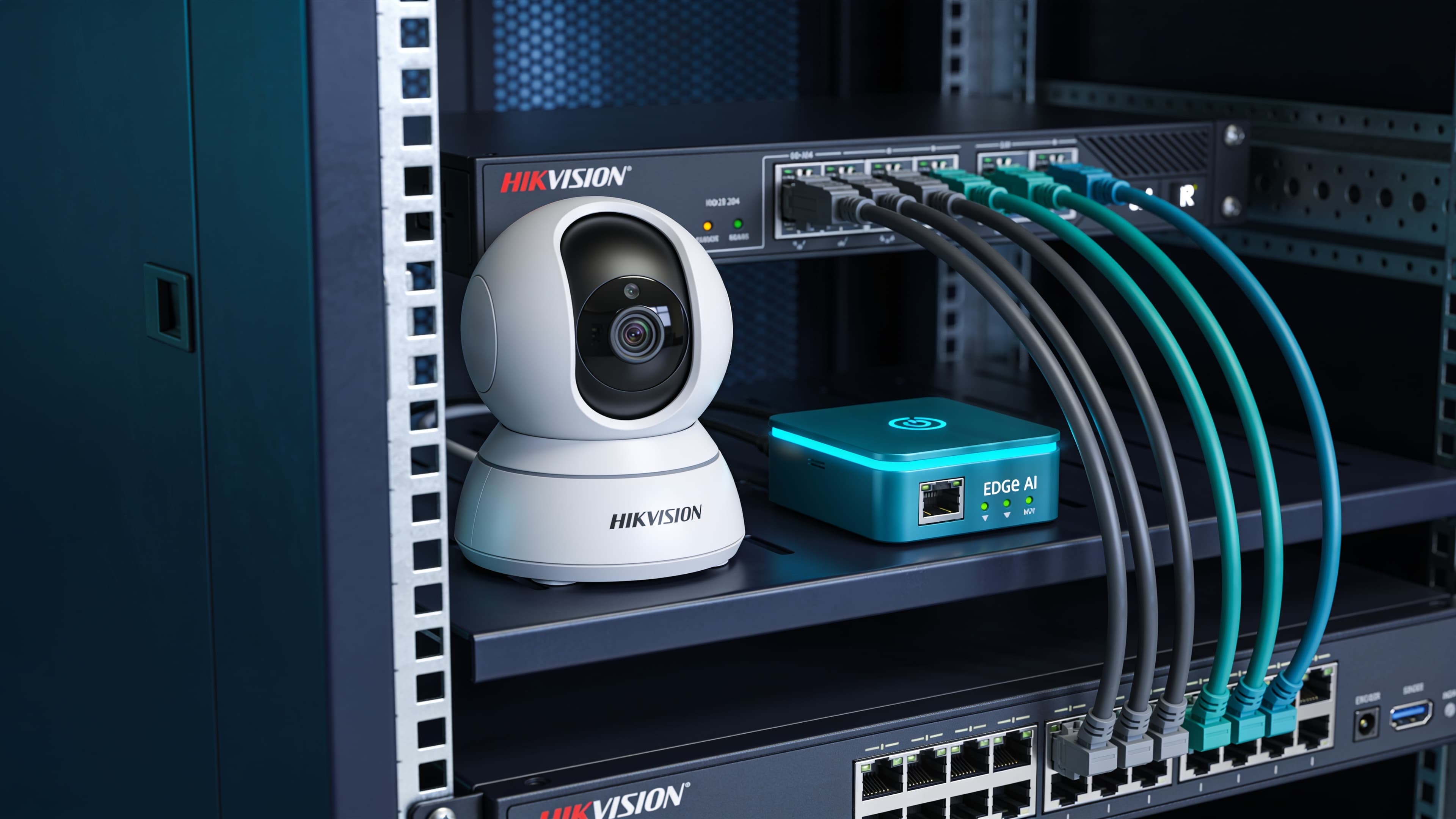 Edge AI device connected to existing Hikvision and Dahua IP cameras in a wiring cabinet