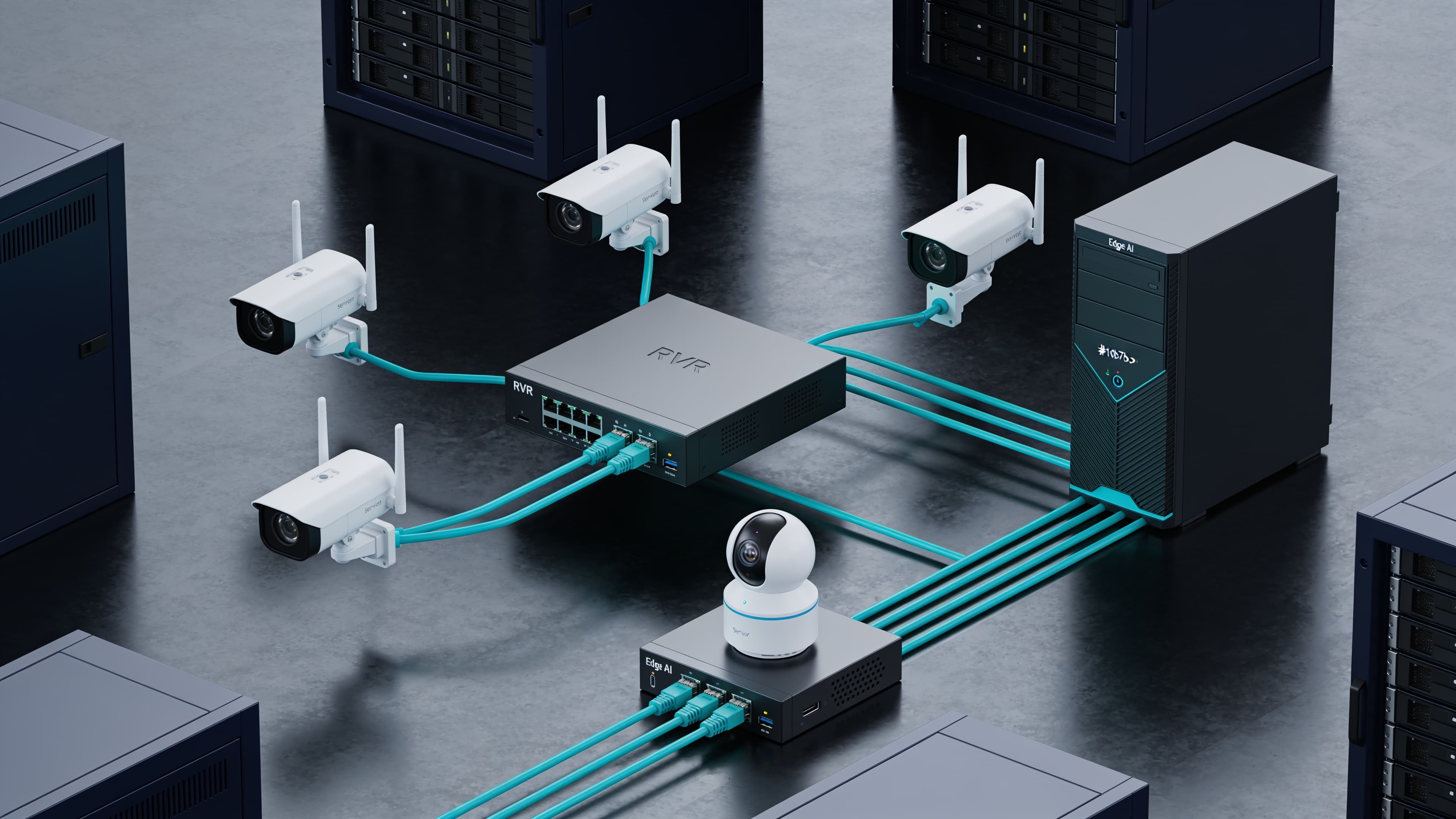 Network diagram showing IP cameras feeding both NVR and edge AI device on the same LAN